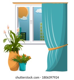 Vector illustration in flat style, a large window overlooking the street, a blue curtain on the cornice, beautiful floor vases with flowers