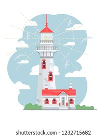 Vector illustration in the flat style. A Lighthouse near the house, near the clouds and seagulls.