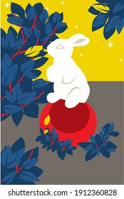 Vector illustration. Flat style. Limited color palette. Postcard format. Garden sculpture of rabbit standing next to the tree. Tree branches. Red ball as pedestal. Sky with stars.