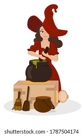 Vector illustration. Flat style. A little witch prepares a potion. She stirs it in a cauldron on the stove. There is a broom, a scoop and another cauldron near the stove.