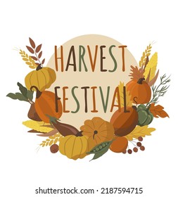 Vector Illustration In Flat Style. Logo, Cover For Harvest Festival. Wreath Of Autumn Vegetables.