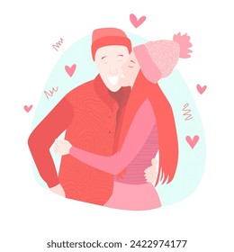 Vector illustration in flat style of loving people hugging in warm sweaters with drawings. Vector illustration for Valentine's Day and Hug Day