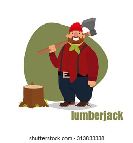 Vector illustration in a flat style lumberjack standing with an ax and stump.