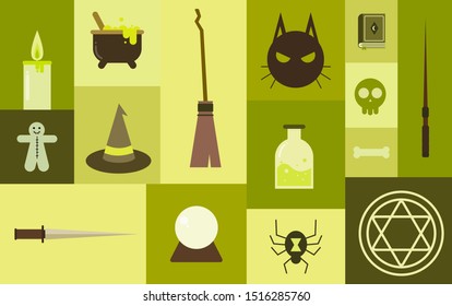 Vector illustration, flat style, magical or wizard  icons set, candle, doll curse, cauldron, hat, knife, crystal ball, black cat, magic potion, poisonous spider, book, skull. wand, spell sign, broom