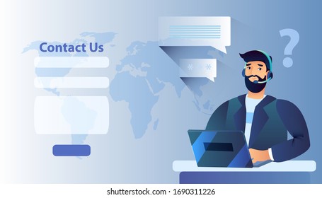 Vektorillustration im flachen Stil mit männlichem Charakter, Weltkarte, Kontaktformular, Laptop. Kundenservice-Banner in blauen Farben mit Mann im Anzug. Call Center-Konzept für Landingpages