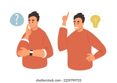 vector illustration in flat style. a male character thinking and a male character having an idea