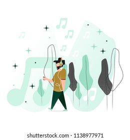 Vector illustration in a flat style. A man is walking between trees. Listens to music on headphones.