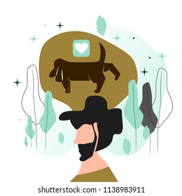 Vector illustration in a flat style. A man with a beard who thinks about his favorite pet (dog).