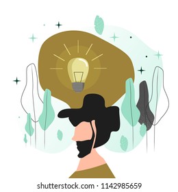 Vector illustration in a flat style. A man with a beard, who had an idea. Big Preview lamp over head.