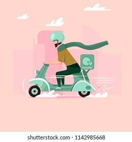 Vector illustration in a flat style. A man with a beard working in a delivery service on a moped. Rides against the background of the city.