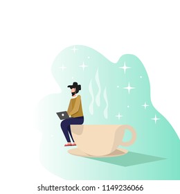 Vector illustration in a flat style. A man with a beard, lying on a huge cup with hot coffee, working in a laptop.
