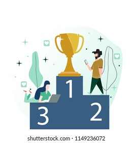Vector illustration in a flat style. A man with a beard that looks at a mobile phone, a girl with a laptop, both are striving for the first place.
