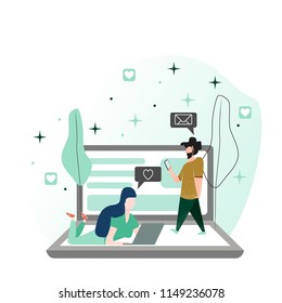 Vector illustration in a flat style. A man with a beard who looks at a mobile phone and writes a letter to a girl with a laptop is both on a laptop computer.