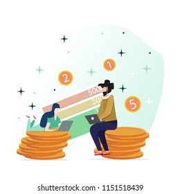 Vector illustration in a flat style. A man with a beard sitting on a pile of coins, working in a laptop, opposite a girl lying on a pile of coins and working on a laptop, against of coins and bills.