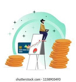 Vector illustration in a flat style. A man with a beard sitting on a flipchart working on a laptop. Increasing income. But the background of bills and coins.