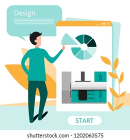Vector illustration in flat style with a man designing a kitchen. Design of cabinet furniture