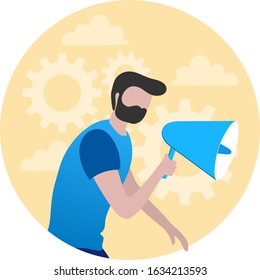 Vector illustration, flat style, man speaks in shout. Business promotion, advertising, call through the megaphone, online alerting