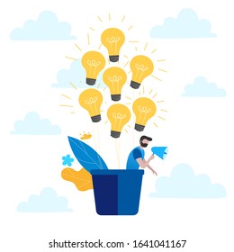 Vector illustration in a flat style. A man with a megaphone flies in the air on balloon. Balls in the form of light bulbs. The concept of creativity, ideas. The concept of a leader, a boss. Business
