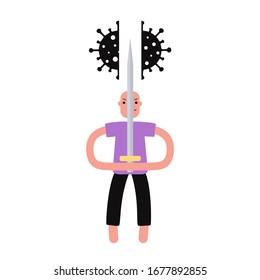 Vector illustration of flat style man with sword killing coronavirus. Motivational poster, fighting with COVID-19 virus