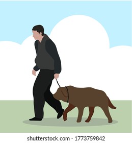 Vector illustration in a flat style. Man is walking with a dog. 