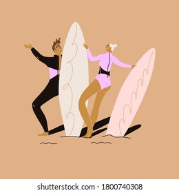 Vector illustration in flat style, man and woman with surfboards.Surfers