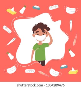 Vector illustration in a flat style. The man fell ill. He measures the temperature.