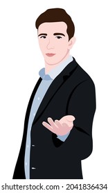Vector illustration in flat style of a man in a suit stretching h