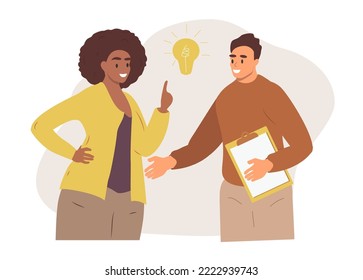 
vector illustration in flat style - man and woman come up with an idea together