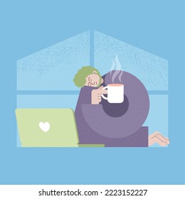 Vector illustration. Flat style. A man drinks coffee or tea in the morning by the window. Home, comfort, plants.	