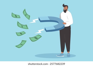 
vector illustration in flat style. man attracts money with a magnet