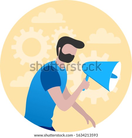 Vector illustration, flat style, man speaks in shout. Business promotion, advertising, call through the megaphone, online alerting
