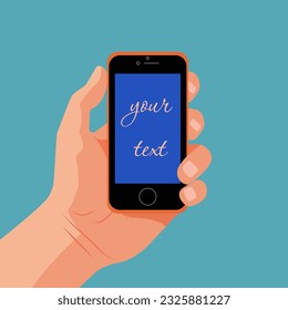 Vektorgrafik im flachen Stil, die Hand eines Mannes hält ein Smartphone. Sie können jeden Text auf dem Telefonbildschirm schreiben. Alle Objekte sind isoliert.
