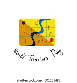 Vector illustration in a flat style with a map of the area and the words International Day of the tourist