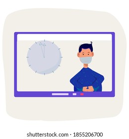 Vector illustration in flat style of a masked man on TV. Happy new year 2021 mask on a man, coronovirus isolation