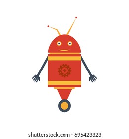 Vector illustration in a flat style. Mechanical smiling cartoon  red robot with gear on the wheel. Colorful icon in the flat style.