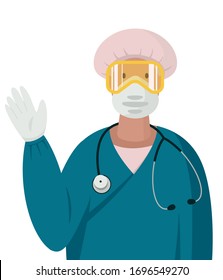 Vector illustration in flat style of a medic or doctor in a suit of biological protection against coronavirus and other dangerous infections, wearing protective glasses, masks, hats, gloves.