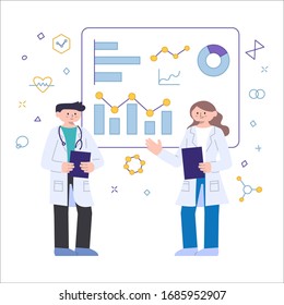 Vector Illustration Flat Style Medical Scientists Doing Research Analysis and Investigation on a Screen with Graphs