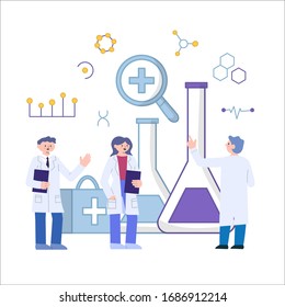 Vector Illustration Flat Style Medical Scientists Doing Research Analysis and Investigation