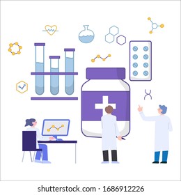 Vector Illustration Flat Style Medical Scientists Doing Research Analysis and Investigation
