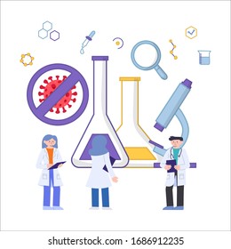 Vector Illustration Flat Style Medical Scientists Doing Research Analysis and Investigation