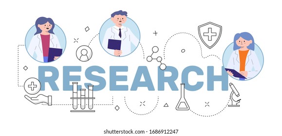 Vector Illustration Flat Style Medical Scientists Doing Research Analysis and Investigation Title Design lettering typography