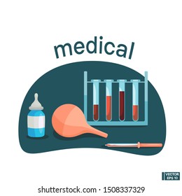 Vector illustration in flat style. Medicine concept. Test tubes and pipettes, clyster.