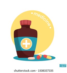 Vector illustration in flat style. Medicine concept. Pills capsules of the brown bottle.