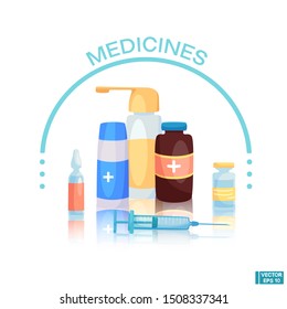 Vector illustration in flat style. Medicine concept. Pharmacy banner. Bottle, pill, first aid kit. Pharmacy and healthcare. Syringe for injection.