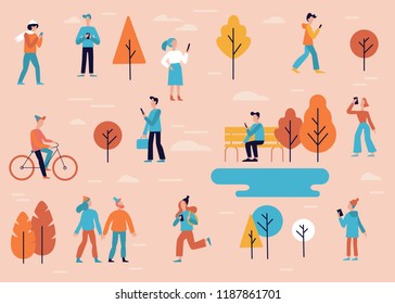 Vector illustration in flat style -  men and women walking and holding mobile phones - smartphone addiction concept - people chatting, texting, reading newsfeed on social media 