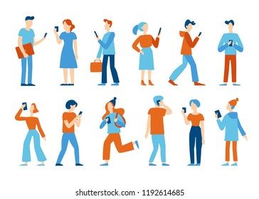 Vector illustration in flat style -  men and women walking and holding mobile phones - smartphone addiction concept - people chatting, texting, reading newsfeed on social media 