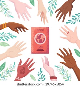 Ilustración vectorial en estilo plano con manos y pasaporte de hombres y mujeres aislados sobre fondo blanco. Concepto de viaje mundial, Identificación internacional, ciudadanía ID