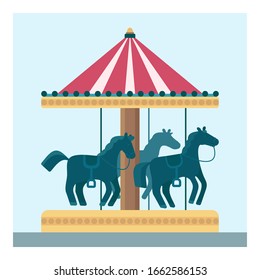 vector Illustration in flat style with merry Christmas merry-go-round. old-fashioned horse carousel Isolated on white backdrop. Concept of festival funfair entertainment, kids amusement park ride