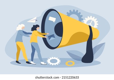 vector illustration in a flat style - messages are flying from a huge megaphone to two women