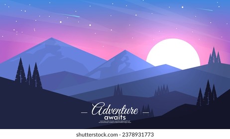 Vector illustration. Flat style. Morning landscape with sunshine and starry sky. Mountains with hills. Design for invitation, greeting card, wallpaper, postcard.